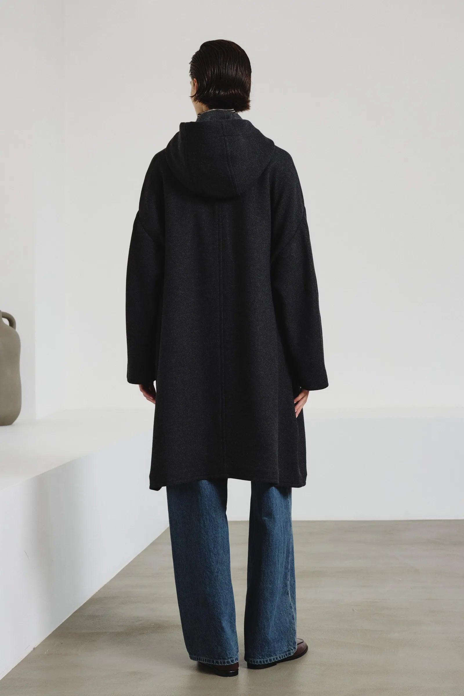 Hooded coat in felted wool cloth